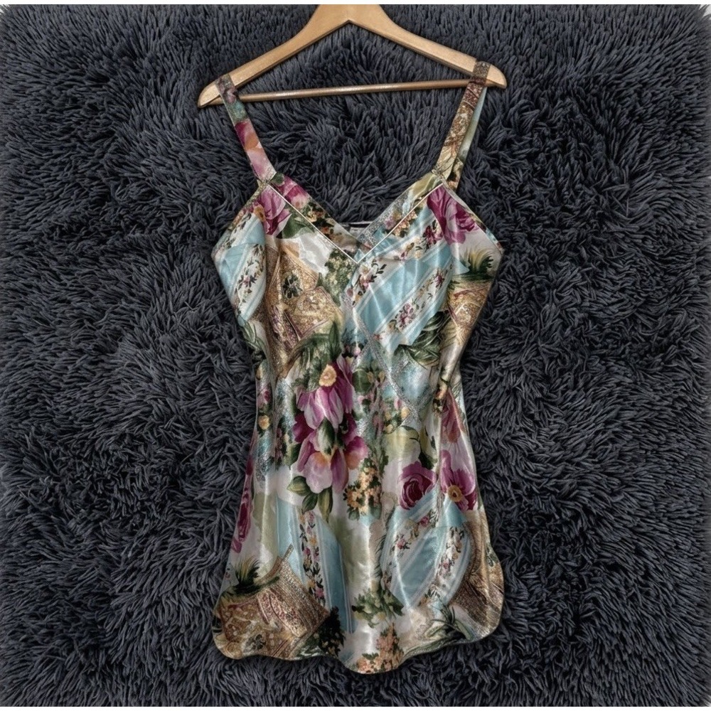 VTG California Dynasty Satin Slip Dress Chemise Nightgown Tropical Floral Asia L
